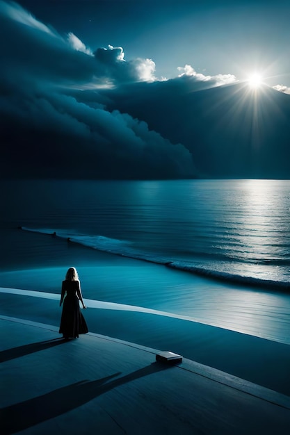 A woman stands on a pier looking at the ocean