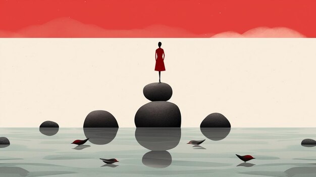 A woman stands on a pile of rocks with birds around her.