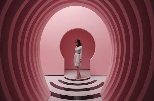 A woman stands in a pink room with a large keyhole.