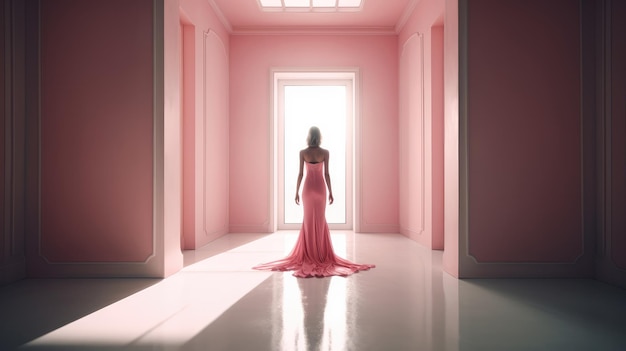 A woman stands in a pink room with a large window that says'pink dress '