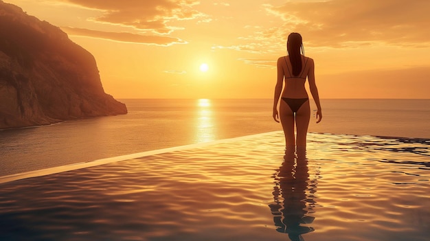 a woman stands in a pool of water in front of a sunset