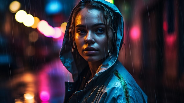 A woman stands in the rain in front of a blurred background with the word rain on it.