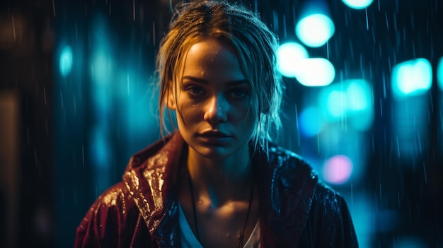 A woman stands in the rain in front of a dark background with lights.