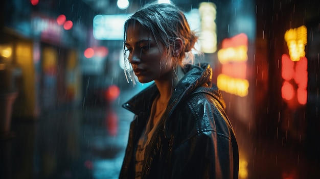 A woman stands in the rain in front of a neon sign that says'the girl on the left side '