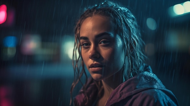 A woman stands in the rain in front of a street light.