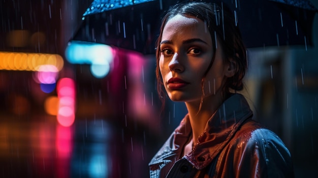 A woman stands in the rain under an umbrella.