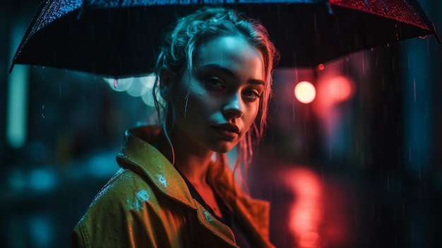 A woman stands in the rain under an umbrella.