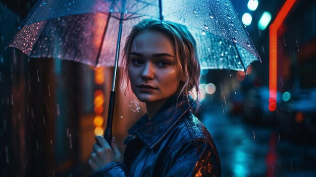 A woman stands in the rain under an umbrella