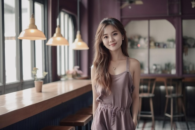 A woman stands in a restaurant with a purple wall behind her.