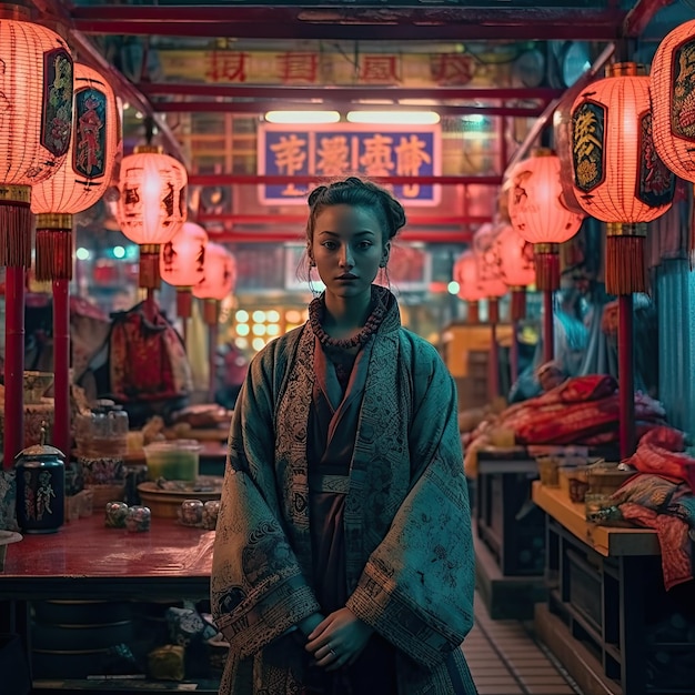 A woman stands in a restaurant with a sign that says'chinese'on it