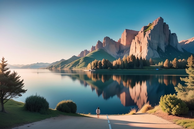 A woman stands on a road near a lake with mountains in the background.