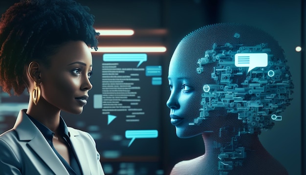 A woman stands next to a robot with the words ai on the screen.