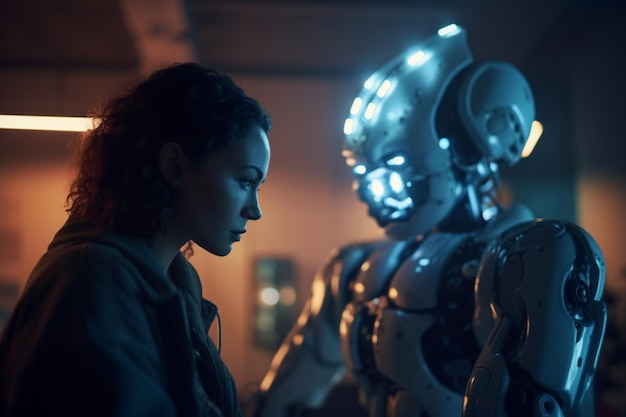 A woman stands next to a robot with the words robot on the screen.