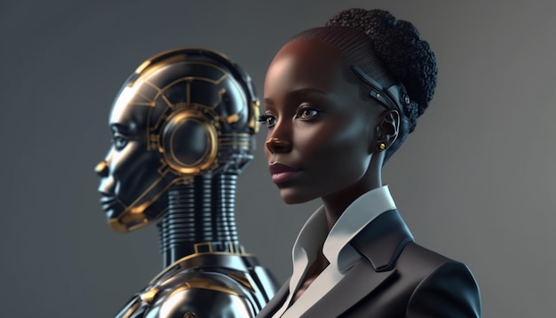 A woman stands next to a robot.