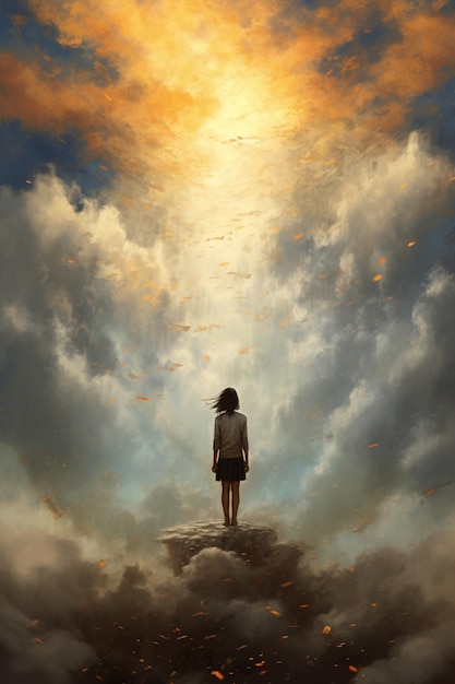 A woman stands on a rock in front of a cloud with the sun shining through her eyes.