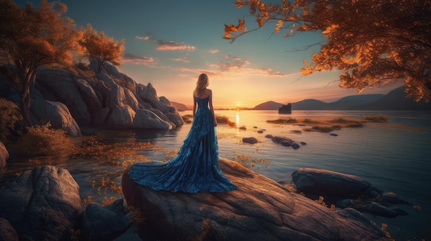 夕日を背景に、湖の前の岩の上に女性が立っています。