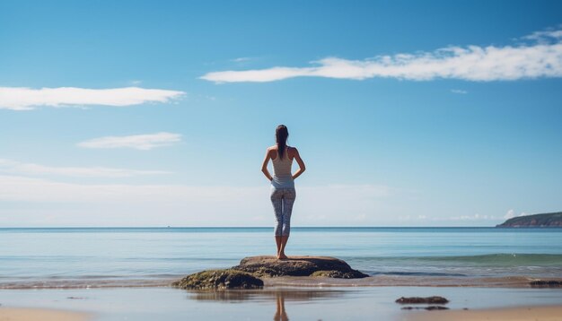 Foto una donna in piedi su una roccia di fronte all'oceano