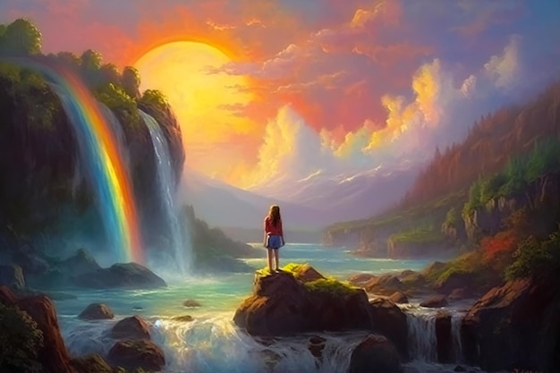 A woman stands on a rock in front of a rainbow.