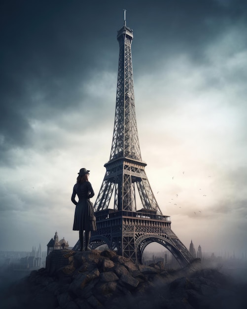 Женщина стоит на скале перед башней с надписью Эйфелева башня.