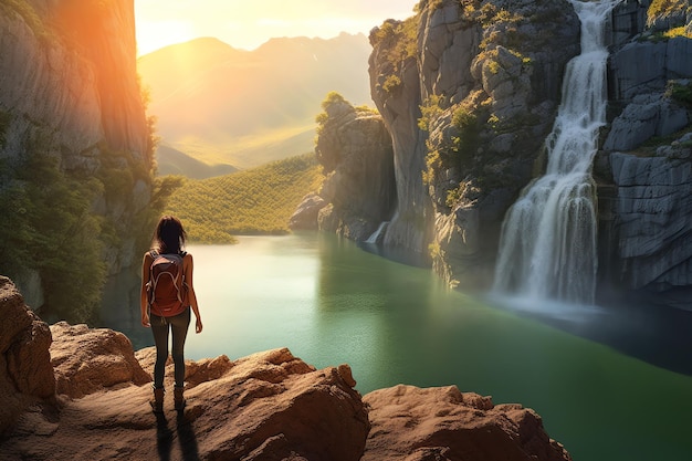 A woman stands on a rock in front of a waterfall.