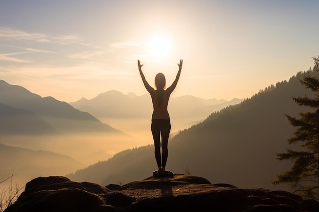 a woman stands on a rock with her hands up in the air and the sun behind her.