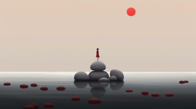 A woman stands on rocks in front of a red sun