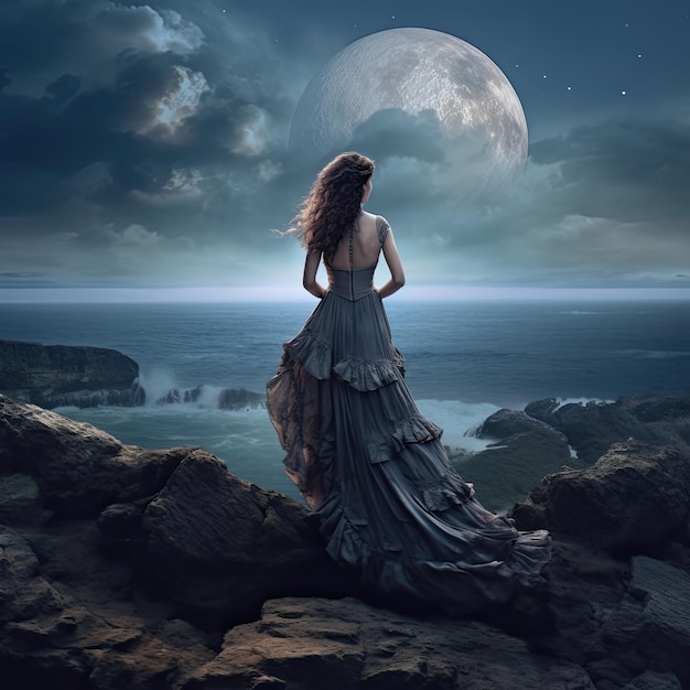 A woman stands on rocks with the moon in the background.