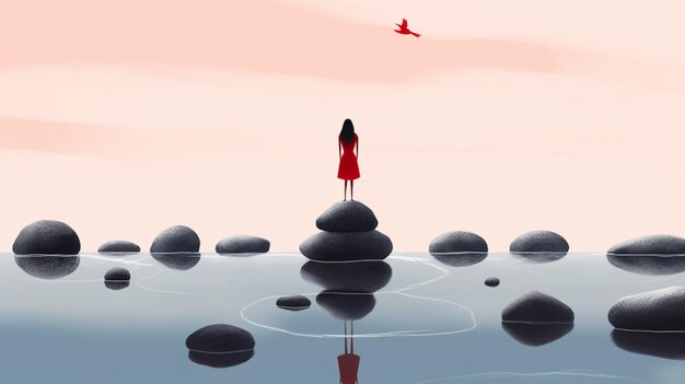 A woman stands on rocks with a red bird flying in the background.
