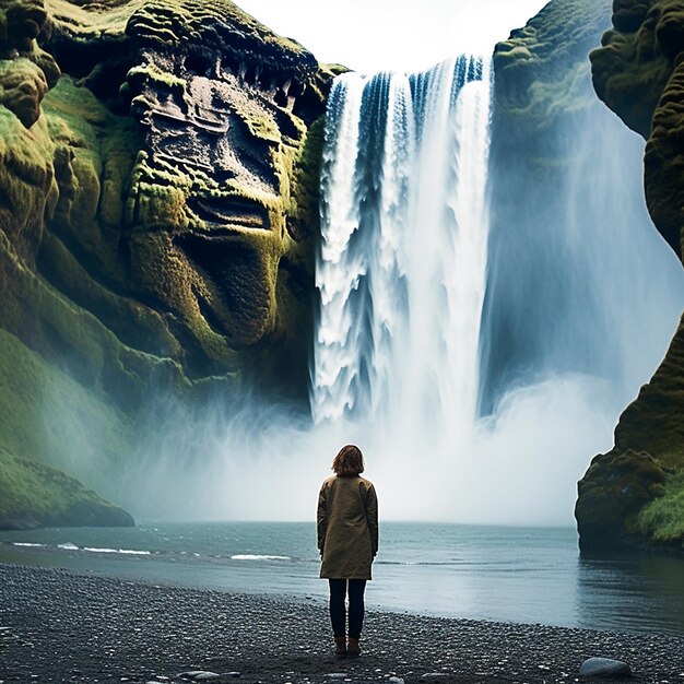 Photo a woman stands on a rocky beach in front of a waterfall.