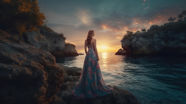 A woman stands on a rocky shore in a blue dress with a sunset in the background.