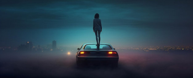 A woman stands on the roof of a car around the fog and dusk