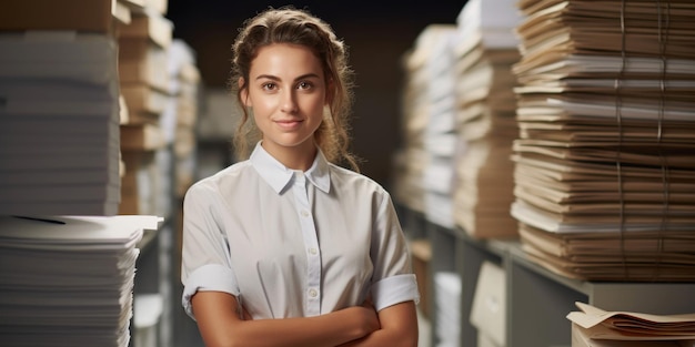 A woman stands in a room with a lot of documents and papers the concept of overtime work