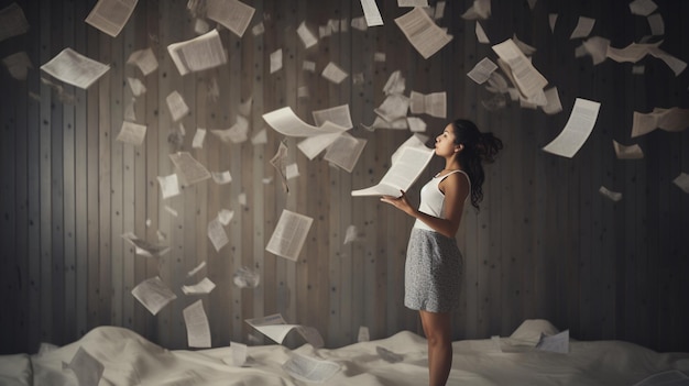 A woman stands in a room with papers flying in the air and a book about the word reading.