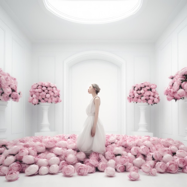 A woman stands in a room with pink flowers on the floor.