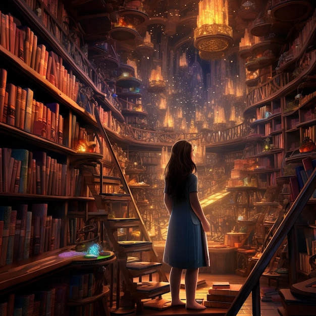 a woman stands in a room with a staircase leading up to a bookcase with a fire on the top.