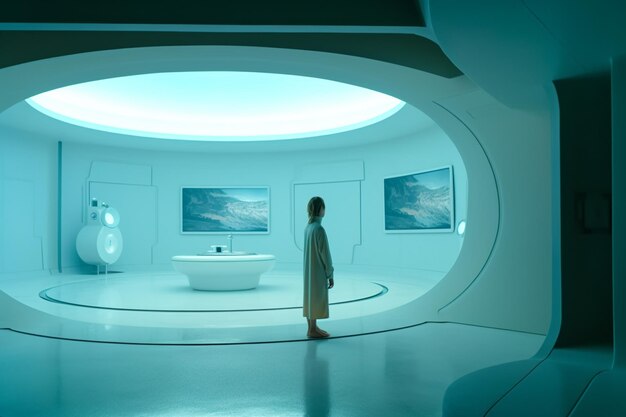 벽에 흰색 코트를 걸치고 천장에 푸른 조명이 켜진 방 안에 한 여성이 서 있다.