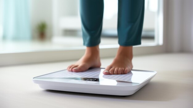 A woman stands on a scale checking her weight