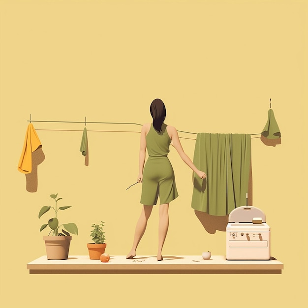 A woman stands on a shelf with a towel hanging from it.