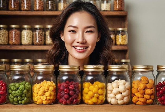 A woman stands in a spice shop her joyful expression matching the colorful array of spice jars