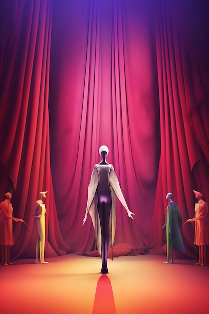 赤いカーテンを背にステージに立つ女性。