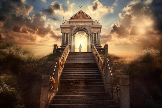 A woman stands on a staircase leading to a temple with the sun shining through the clouds.