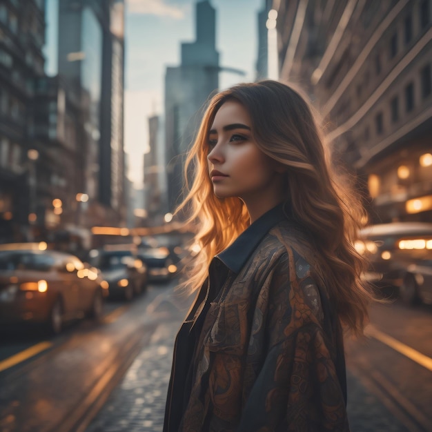 A woman stands in the street in the city at sunset.