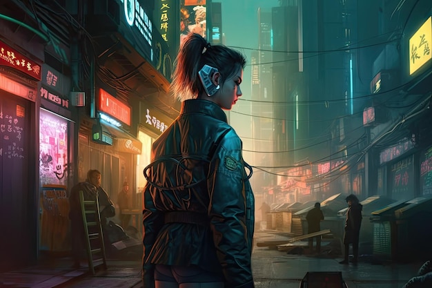 A woman stands in a street in cyberpunk style