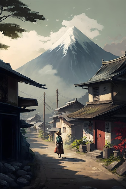 A woman stands on a street in front of a mountain with a mountain in the background.