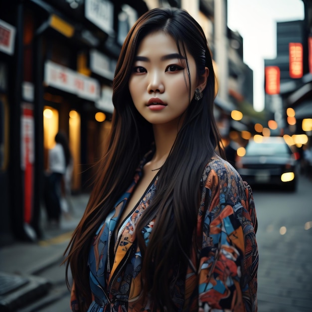 A woman stands in the street in front of a store with a sign that says'noodle'on it.