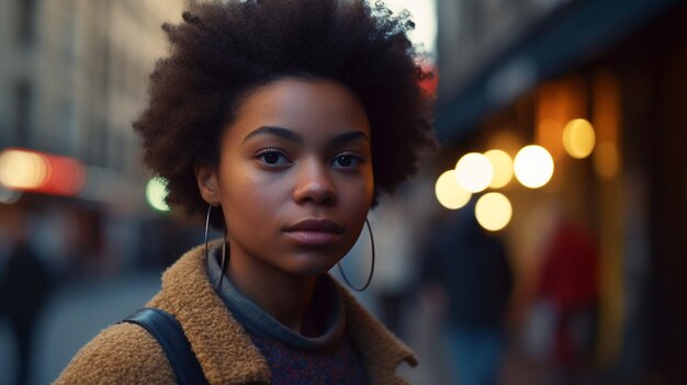 A woman stands in a street in london, wearing a brown jacket and a tan sweater.