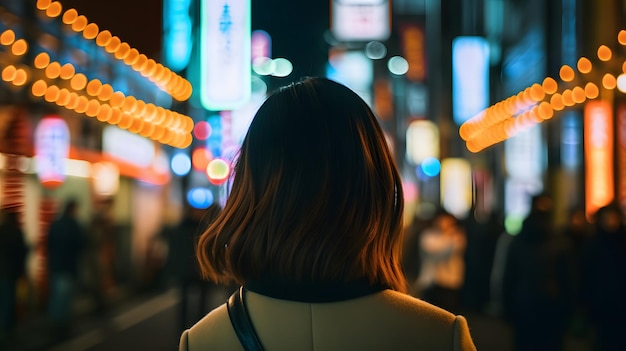 Photo a woman stands in a street at night, looking at a sign that says'i love you '