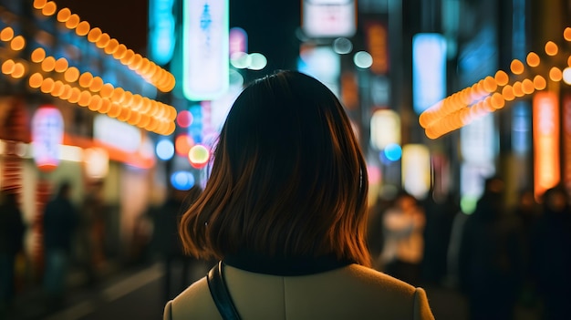 한 여성이 밤 거리에 서서 '사랑해'라고 적힌 팻말을 바라보고 있다.