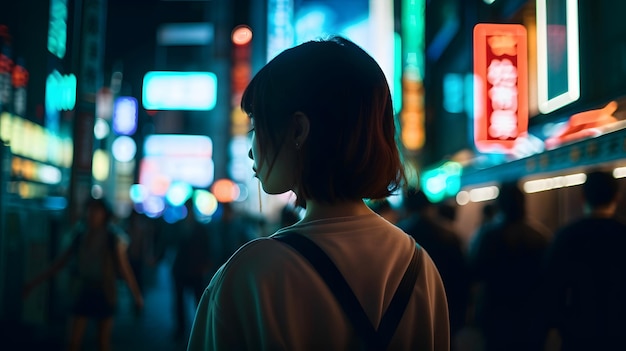 Женщина стоит ночью на улице с неоновой вывеской «Я не девушка».