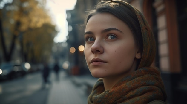 A woman stands on a street in a scarf and looks into the distance.